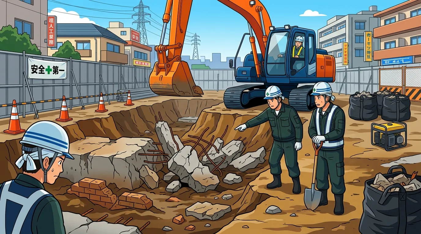 実際の解体現場で地中から出てきた古い基礎やコンクリートガラの写真。地中埋設物のリスクをリアルに伝える。]