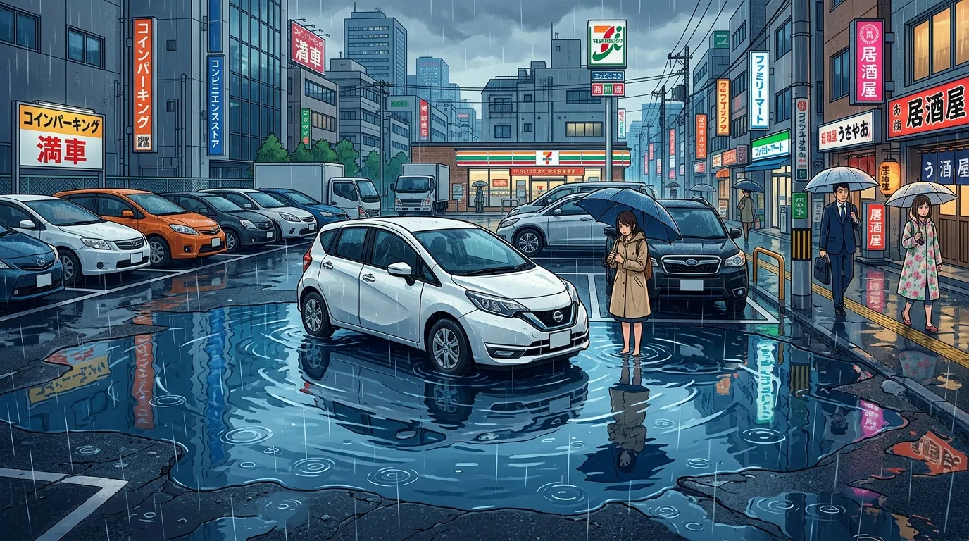 雨の日に大きな水たまりができ、車が停められない状態になっている駐車場の写真]