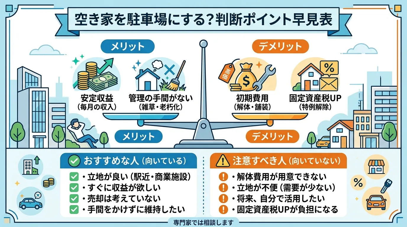 日本人と現代日本の風景, 「空き家を駐車場にする？判断ポイント早見表」というタイトルのインフォグラフィック。中央に天秤のイラストを配置し、左の皿に「メリット（安定収益、管理不要）」、右の皿に「デメリッ