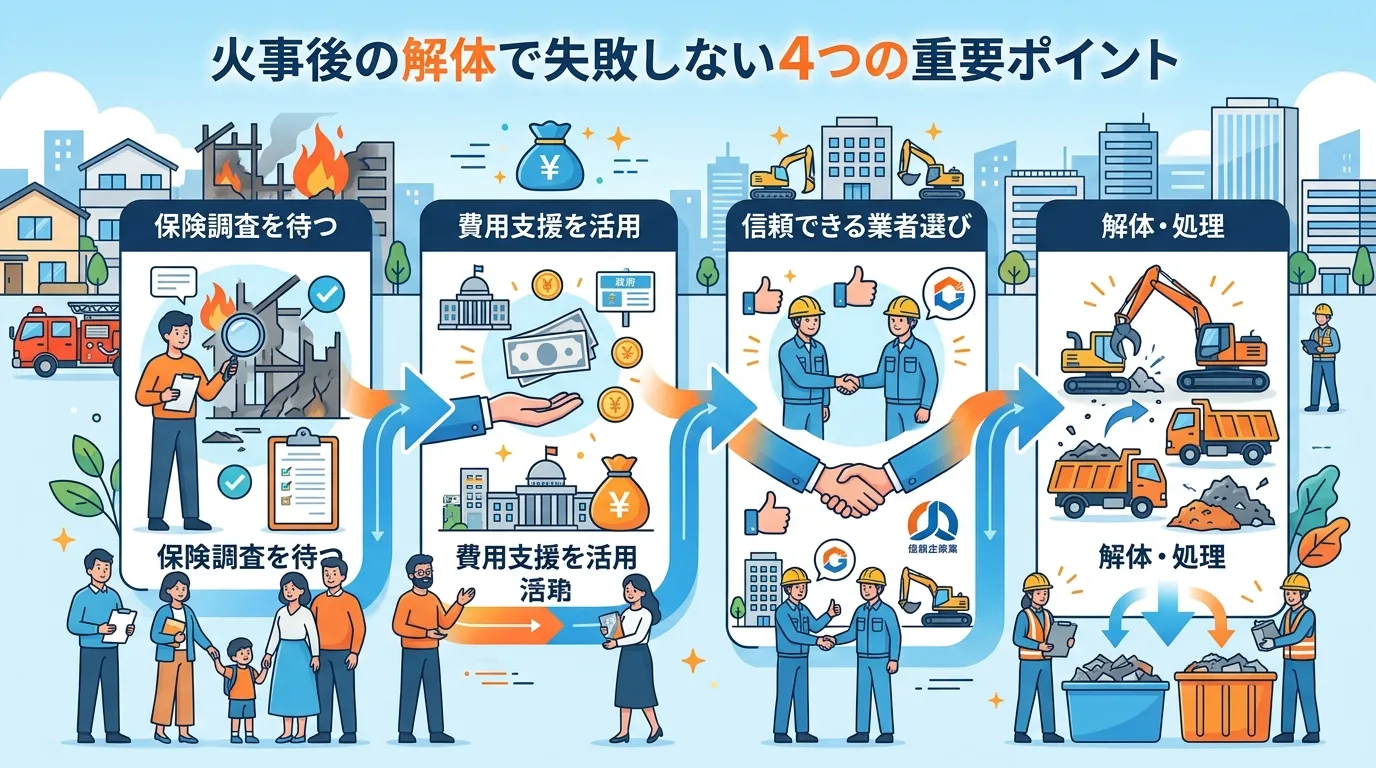 日本人と現代日本の風景, 「火事後の解体で失敗しない4つの重要ポイント」をテーマにしたインフォグラフィック。4つのステップを矢印で繋いだフロー図形式で、各ステップにアイコンと「保険調査を待つ」「費用支