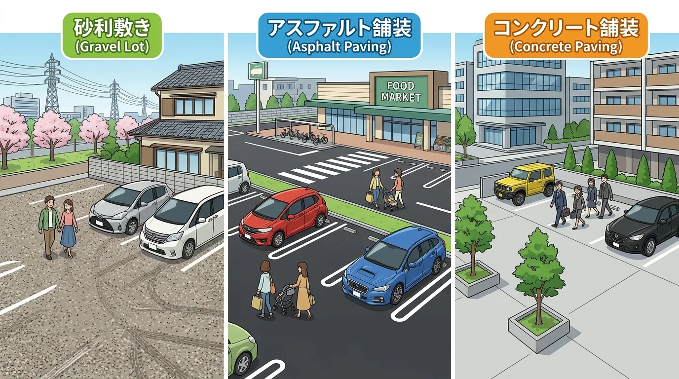 「砂利敷き」「アスファルト舗装」「コンクリート舗装」それぞれの駐車場の完成イメージが分かる3枚の写真]