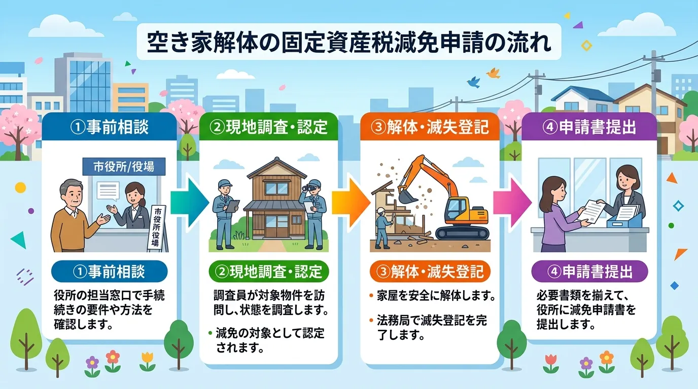 日本人と現代日本の風景, 「空き家解体の固定資産税減免申請の流れ」をテーマにした、4ステップのインフォグラフィック。明るい配色のフラットデザインで、親しみやすいデジタルイラスト。左から「①事前相談」「