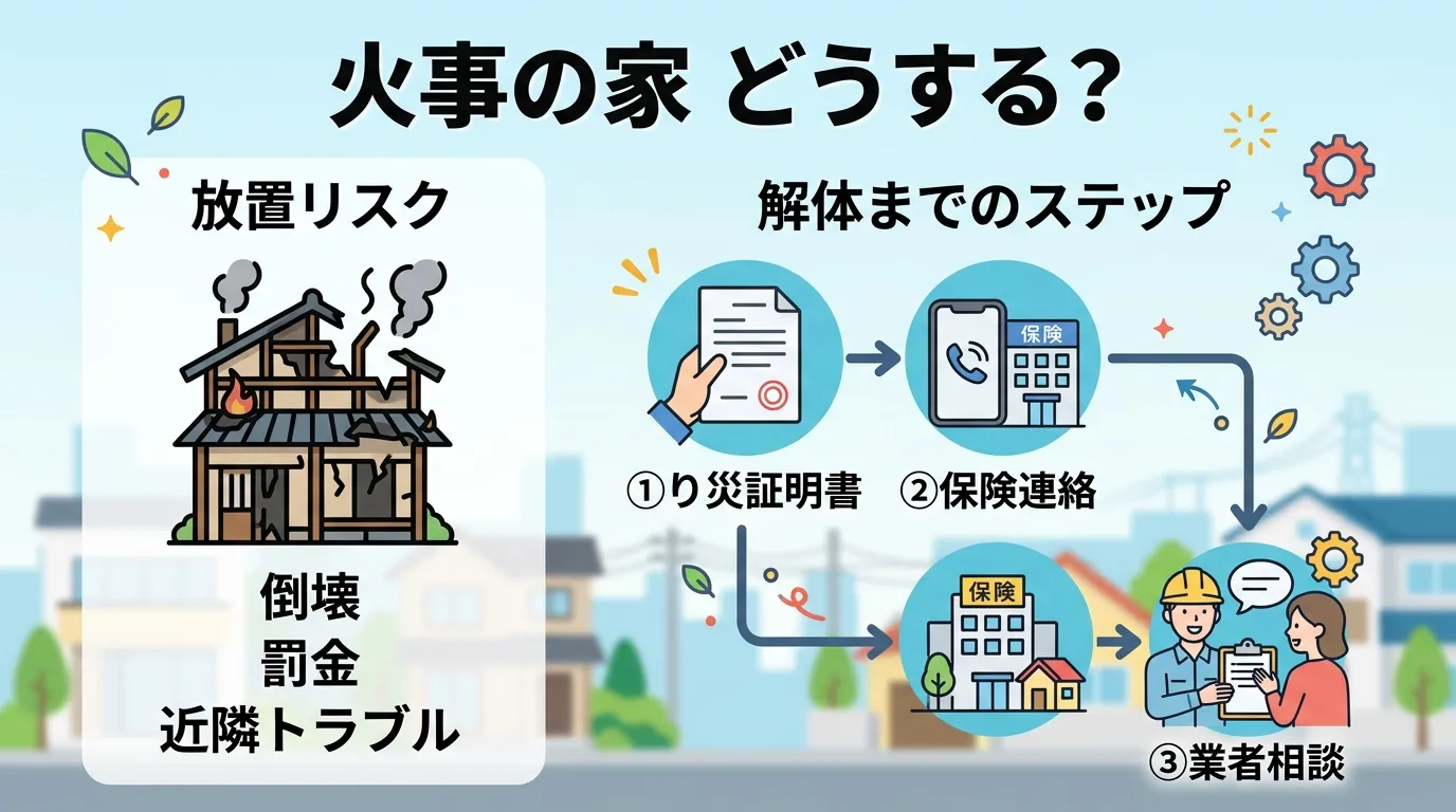 日本人と現代日本の風景, インフォグラフィック、フローチャート。「火事の家 どうする？」というタイトル。左に「放置リスク」として崩れた家のアイコンと「倒壊・罰金・近隣トラブル」の文字。右に「解体までの