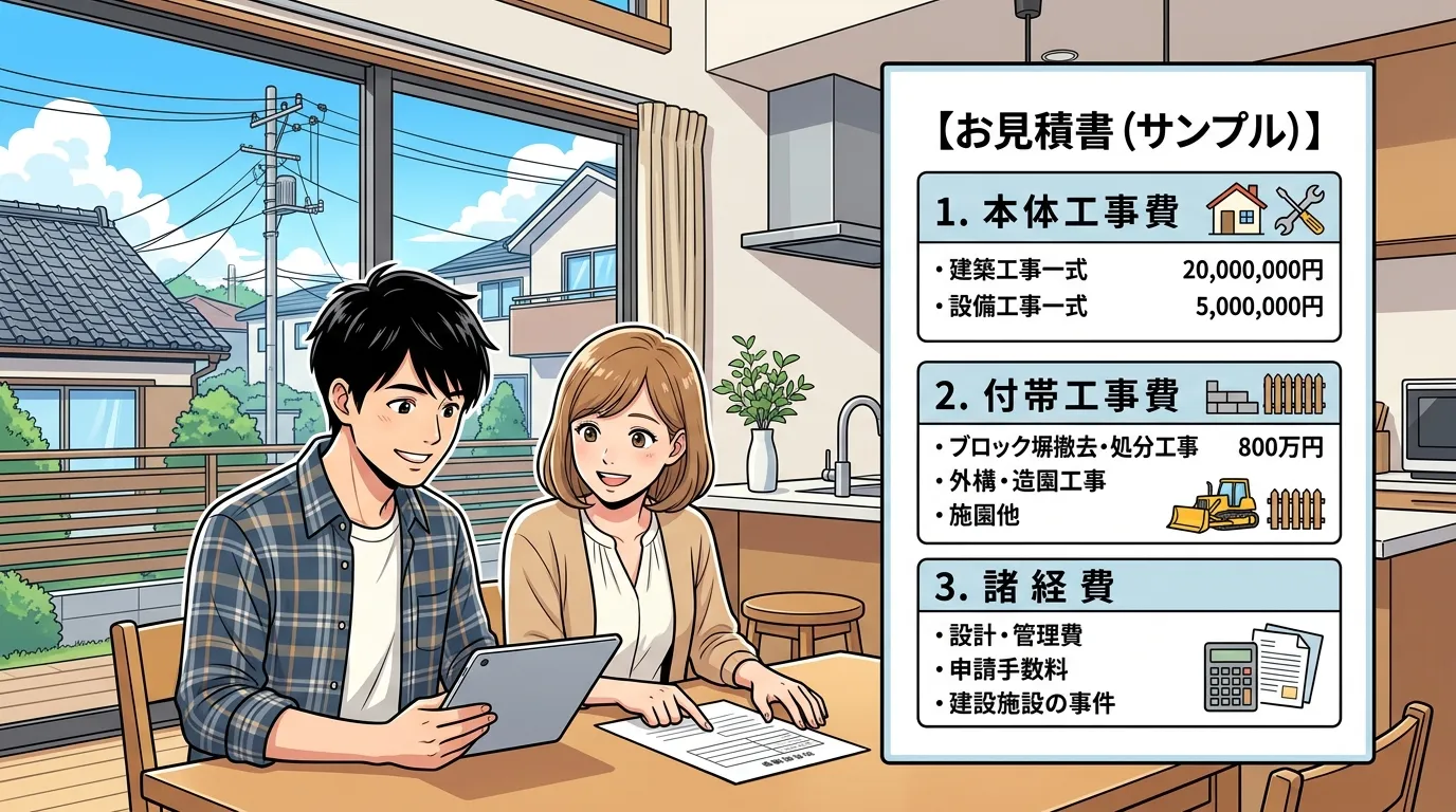「本体工事費」「付帯工事費（ブロック塀撤去など）」「諸経費」の3項目が内訳と共に分かりやすく記載された、当社の匿名化済み見積書サンプル画像]
