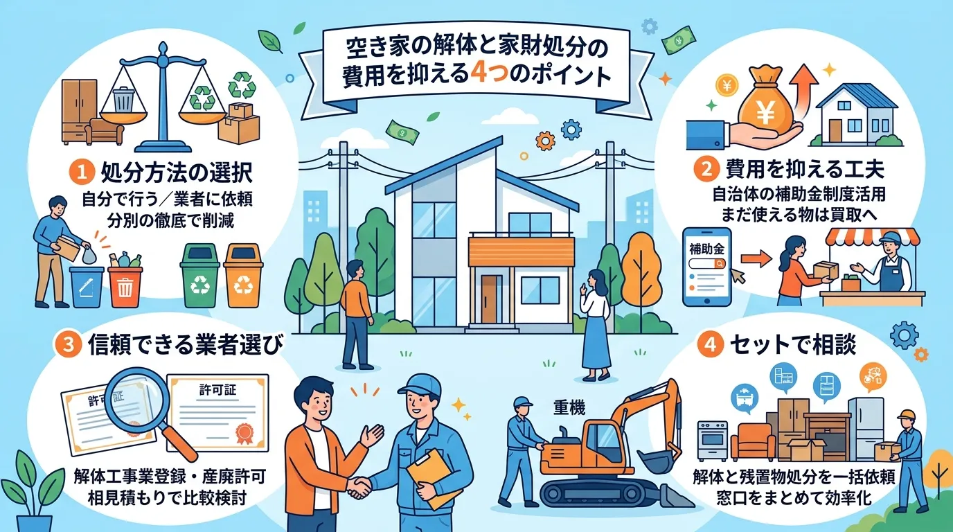 日本人と現代日本の風景, 「空き家の解体と家財処分の費用を抑える4つのポイント」というタイトルのインフォグラフィック。中央のタイトルを囲むように、①処分方法の選択(天秤のアイコン)、②費用を抑える工夫