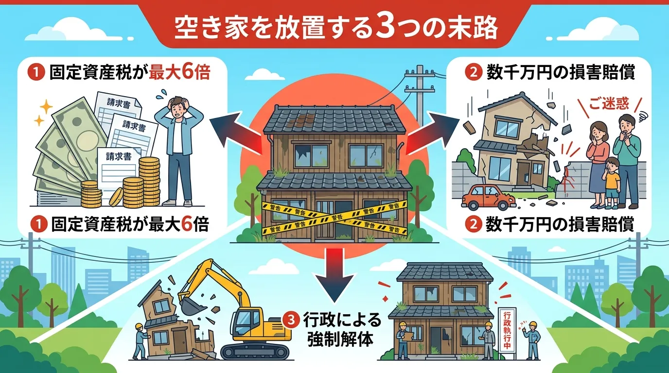 日本人と現代日本の風景, 「空き家を放置する3つの末路」がテーマのインフォグラフィック。フラットデザインのデジタルイラストで、中央に古びた空き家を描く。その家から3つの矢印が伸び、①「固定資産税が最大