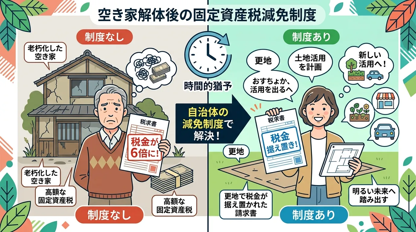 日本人と現代日本の風景, 「空き家解体後の固定資産税減免制度」を解説するインフォグラフィック。フラットデザインのデジタルイラスト。画面を左右に分割した比較図。左側には「制度なし」として、古い空き家の前