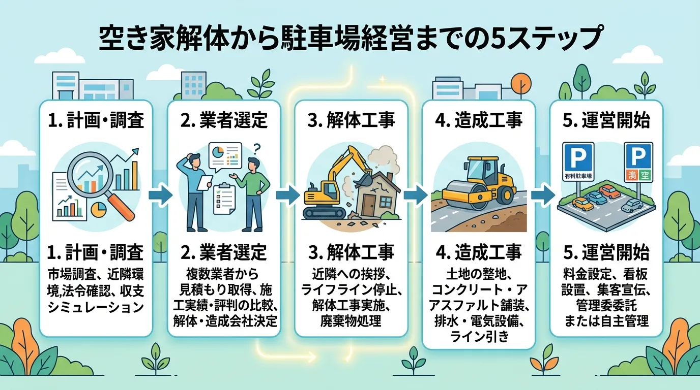日本人と現代日本の風景, 「空き家解体から駐車場経営までの5ステップ」というタイトルのインフォグラフィック。左から右へ矢印で繋がれたステップ図。1.計画・調査（虫眼鏡とグラフのアイコン）、2.業者選定