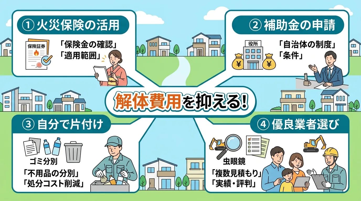 日本人と現代日本の風景, 「火事の解体費用を抑える4つの方法」をテーマにしたインフォグラフィック。中央に「解体費用を抑える！」という見出しを配置し、そこから4方向に情報が展開。①火災保険の活用（保険証