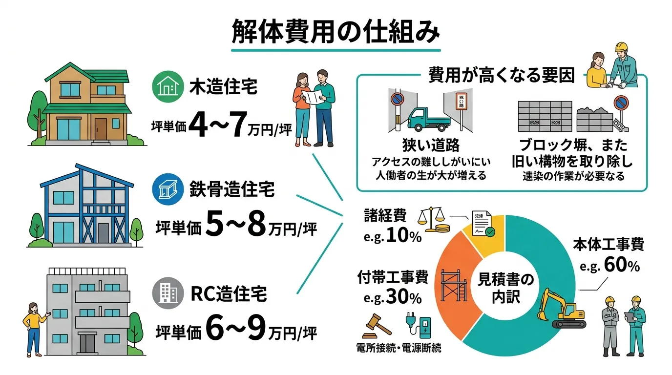 日本人と現代日本の風景, 「空き家の解体費用」のインフォグラフィック。白背景、フラットデザインのデジタルイラスト。中央に「解体費用の仕組み」というタイトル。左に木造・鉄骨造・RC造の家のイラストと坪単