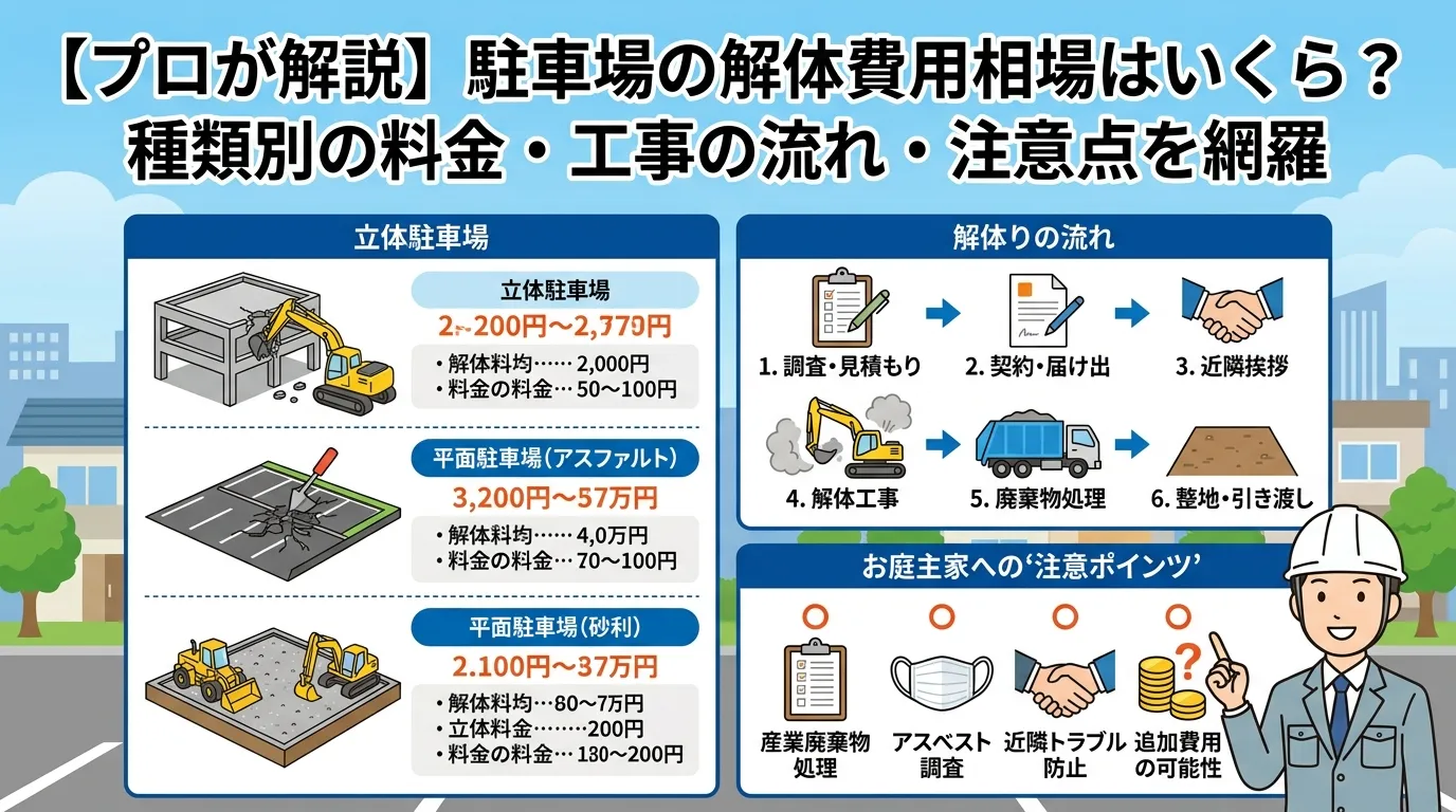 【プロが解説】駐車場の解体費用相場はいくら？種類別の料金・工事の流れ・注意点を網羅