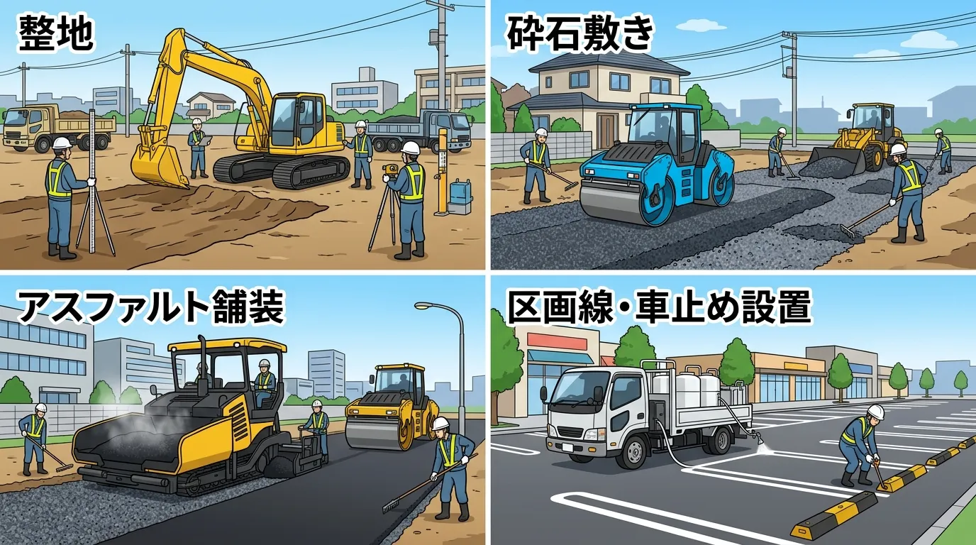 「整地」&rarr;「砕石敷き」&rarr;「アスファルト舗装」&rarr;「区画線・車止め設置」の各工程がわかる工事中の写真4枚を並べて表示]