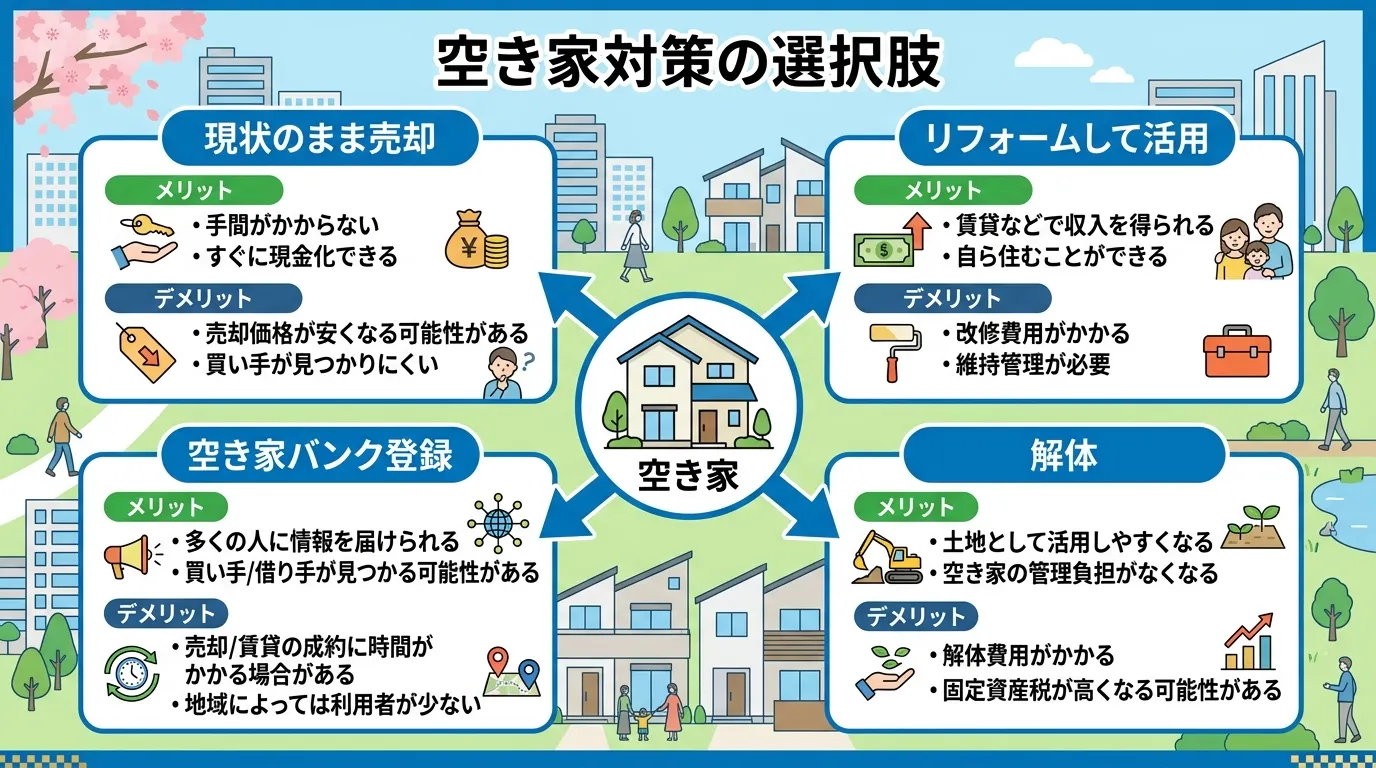 日本人と現代日本の風景, 「空き家対策の選択肢」というタイトルのインフォグラフィック。中央に家のアイコンを置き、そこから「現状のまま売却」「リフォームして活用」「空き家バンク登録」「解体」の4つの選択