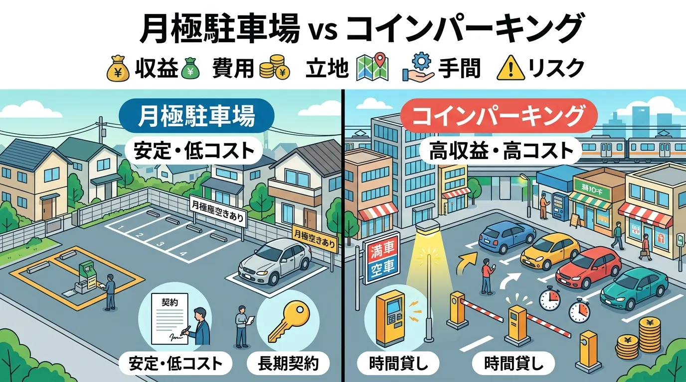 日本人と現代日本の風景, 「月極駐車場 vs コインパーキング」というタイトルの比較インフォグラフィック。画面を中央で分割し、左に「月極駐車場」、右に「コインパーキング」を配置。左側は住宅街を背景に「