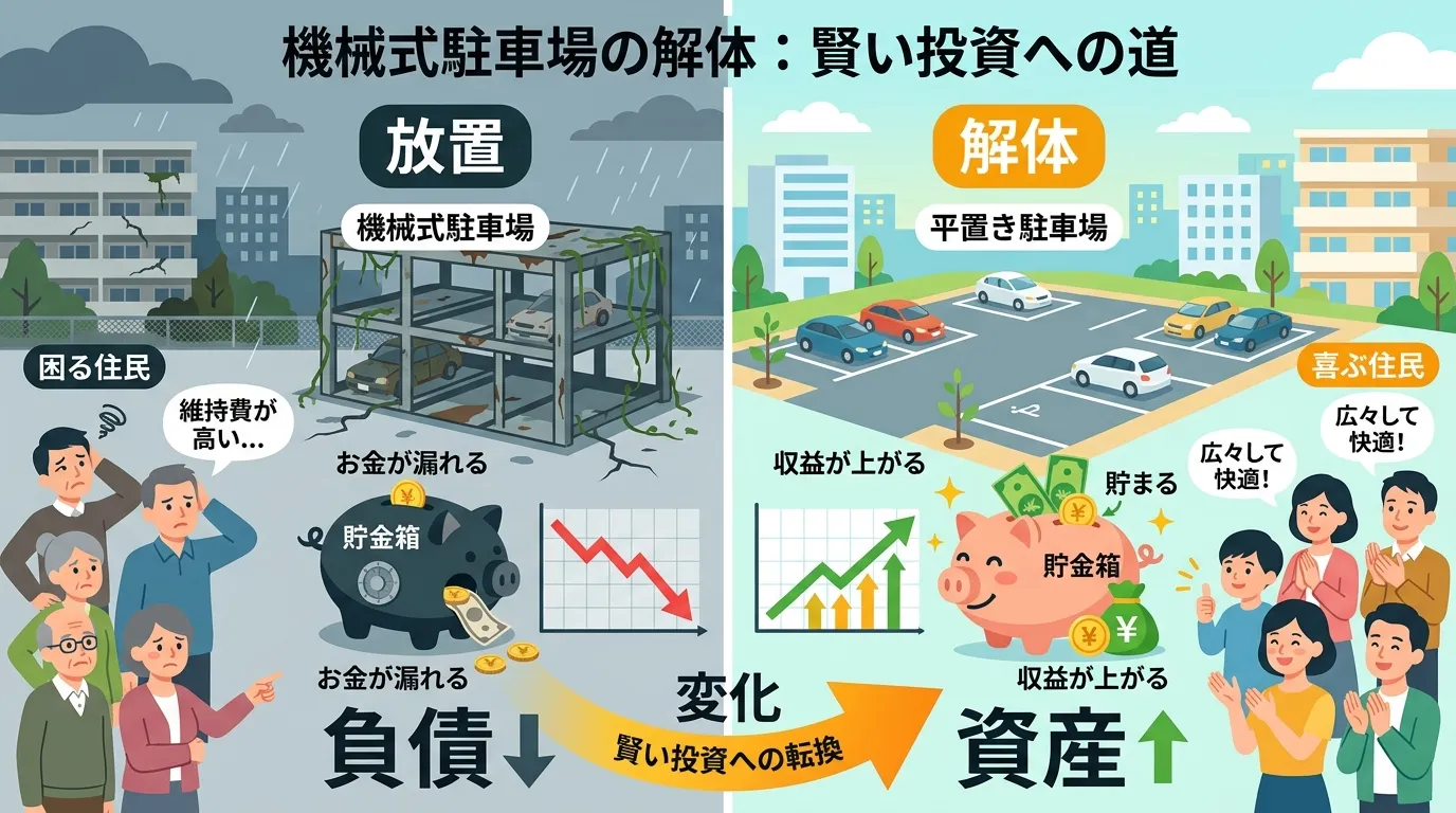 日本人と現代日本の風景, インフォグラフィック、機械式駐車場の解体が賢い投資であることを示す比較図。画面を二分割し、左に「放置」した場合の未来（錆びた駐車場、お金が漏れる貯金箱、下降グラフ、困る住民）