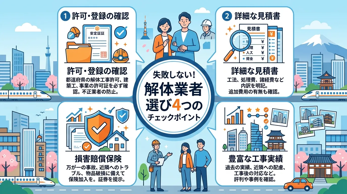 日本人と現代日本の風景, 信頼できる解体業者の選び方をテーマにしたインフォグラフィック。中央に「失敗しない！解体業者選び4つのチェックポイント」というタイトルを配置し、その周りに「許可・登録の確認（許