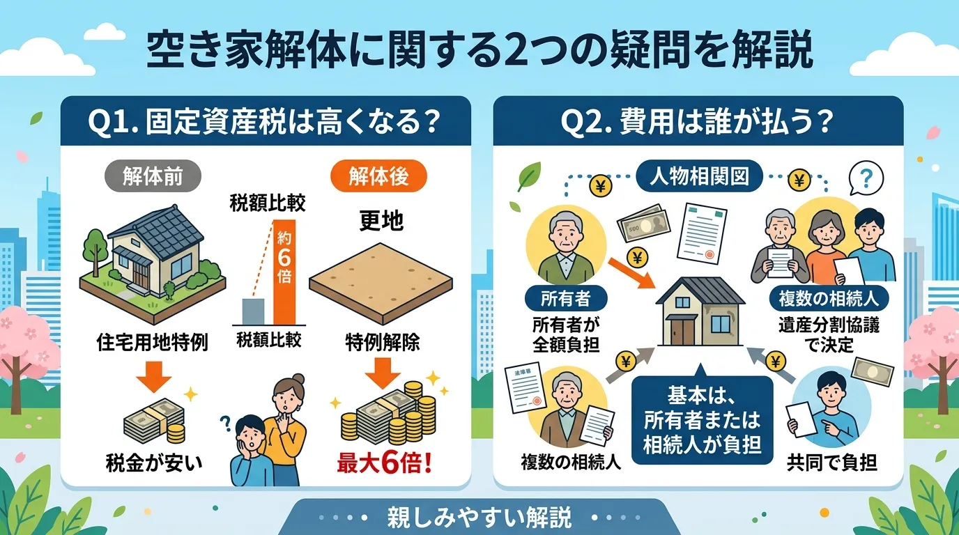 日本人と現代日本の風景, 空き家解体に関する2つの疑問を解説するインフォグラフィック。「Q1. 固定資産税は高くなる？」では、解体前の家と解体後の更地で税金が最大6倍になることを比較図で表現。「Q2.