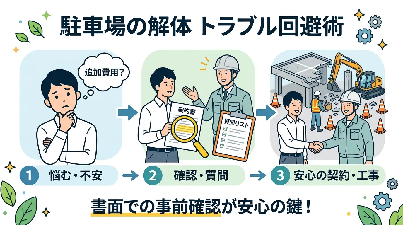 日本人と現代日本の風景, 「駐車場の解体 トラブル回避術」というタイトルのインフォグラフィック。親しみやすいデジタルイラストで、3ステップのフロー図を描く。1. 依頼者が「追加費用？」と悩む。2. 業