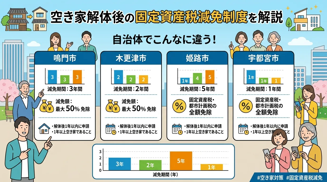 日本人と現代日本の風景, 空き家解体後の固定資産税減免制度を解説するインフォグラフィック。「自治体でこんなに違う！」というタイトルで、4つの自治体（例：鳴門市、木更津市）の比較カードを配置。各カードに