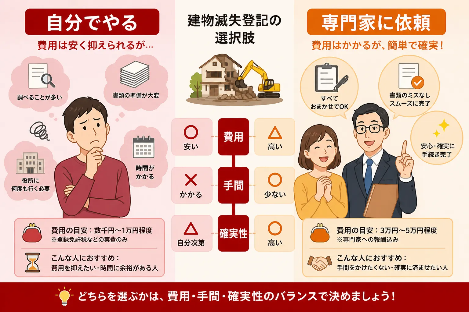 日本の木造住宅・空き家の解体現場を写実的に描いたビジュアル。重機・養生シート・整地後の更地など。基調色は #9a0300。実在する企業のロゴ・看板・車体・人物の顔は描かない。画像内に文字を入れない（図