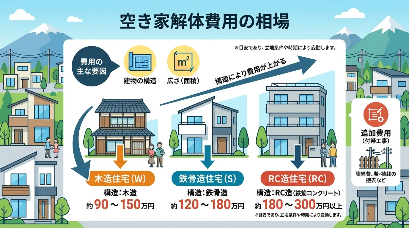 日本人と現代日本の風景, 「空き家解体費用の相場」をテーマにしたインフォグラフィック。中央にタイトルを配置し、費用の要因「建物の構造」「広さ」をアイコンで示す。木造・鉄骨造・RC造の3軒の家を横に並べ
