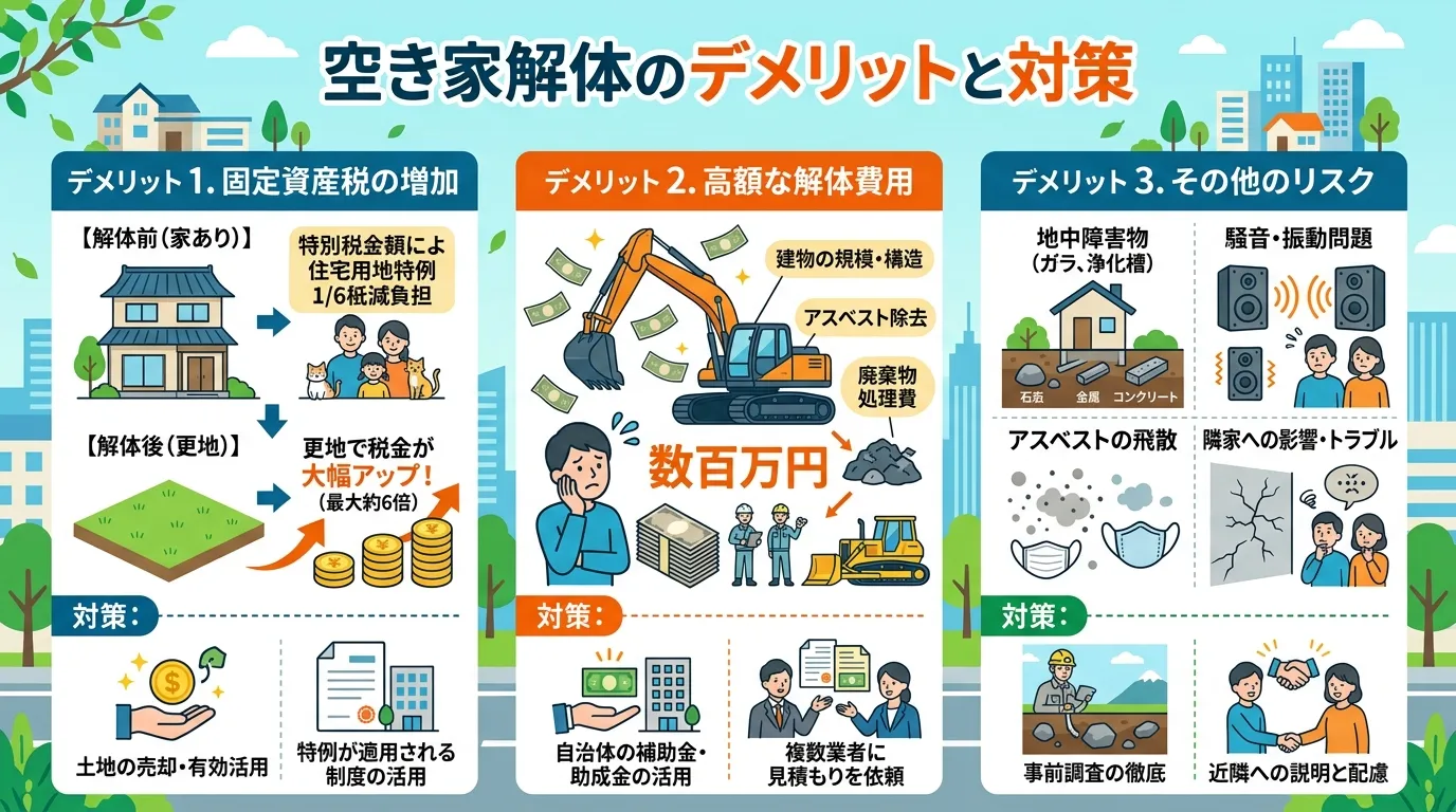 日本人と現代日本の風景, 空き家解体のデメリットと対策をテーマにしたインフォグラフィック。フラットデザインのデジタルイラストで、全体を3つのセクションに分ける。左に「固定資産税UP」として家と更地の税