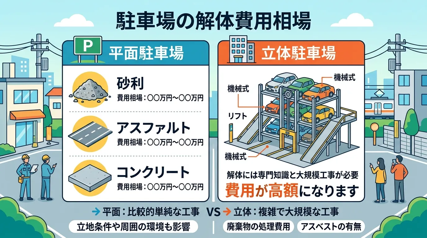 日本人と現代日本の風景, 「駐車場の解体費用相場」というタイトルのインフォグラフィック。左に「平面駐車場」、右に「立体駐車場」を配置した比較図。平面駐車場は「砂利」「アスファルト」「コンクリート」のア