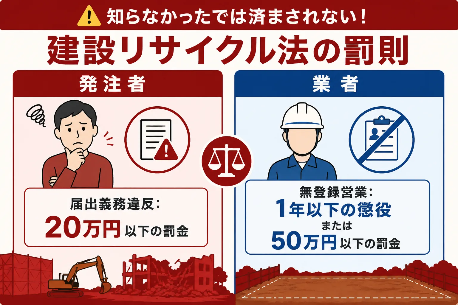 日本の木造住宅・空き家の解体現場を写実的に描いたビジュアル。重機・養生シート・整地後の更地など。基調色は #9a0300。実在する企業のロゴ・看板・車体・人物の顔は描かない。画像内に文字を入れない(図