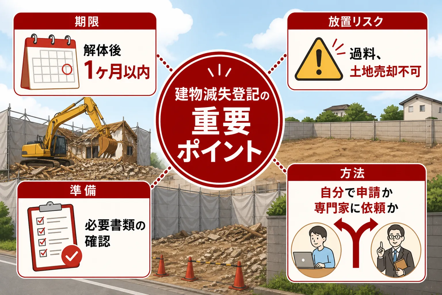 日本の木造住宅・空き家の解体現場を写実的に描いたビジュアル。重機・養生シート・整地後の更地など。基調色は #9a0300。実在する企業のロゴ・看板・車体・人物の顔は描かない。画像内に文字を入れない（図