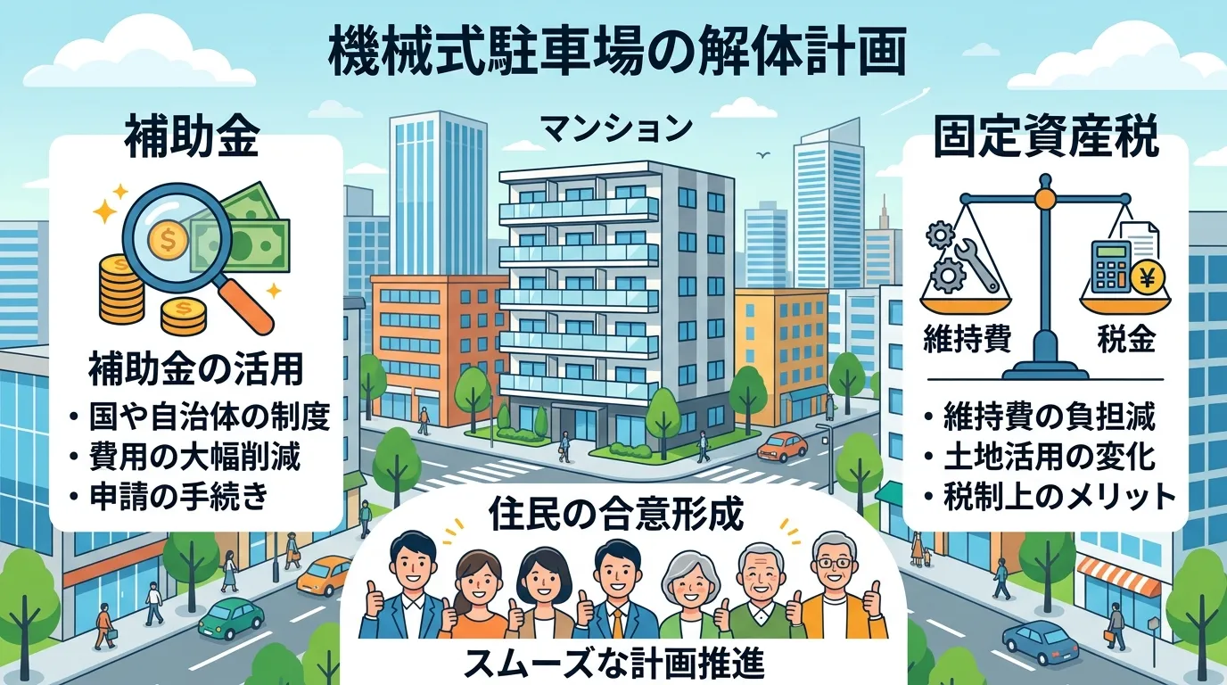 日本人と現代日本の風景, インフォグラフィック、機械式駐車場の解体計画に関する図解。中央にマンションを配置。左に「補助金」の項目として虫眼鏡とお金のアイコン、右に「固定資産税」の項目で維持費と税金を比
