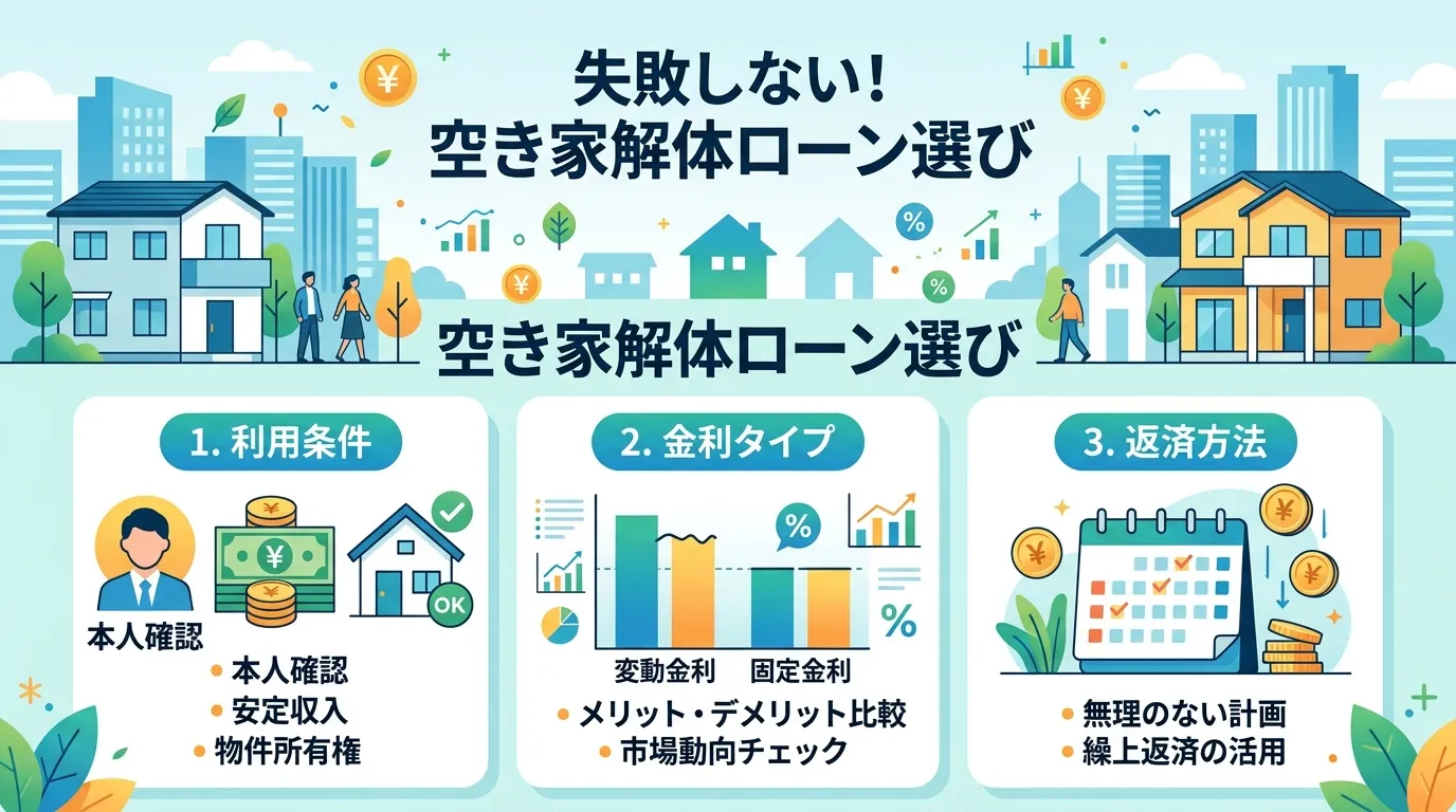 日本人と現代日本の風景, インフォグラフィック、フラットデザイン。中央に「失敗しない！空き家解体ローン選び」と日本語タイトル。その下に3つのポイントをアイコン付きで横並びに解説。左から「1. 利用条件