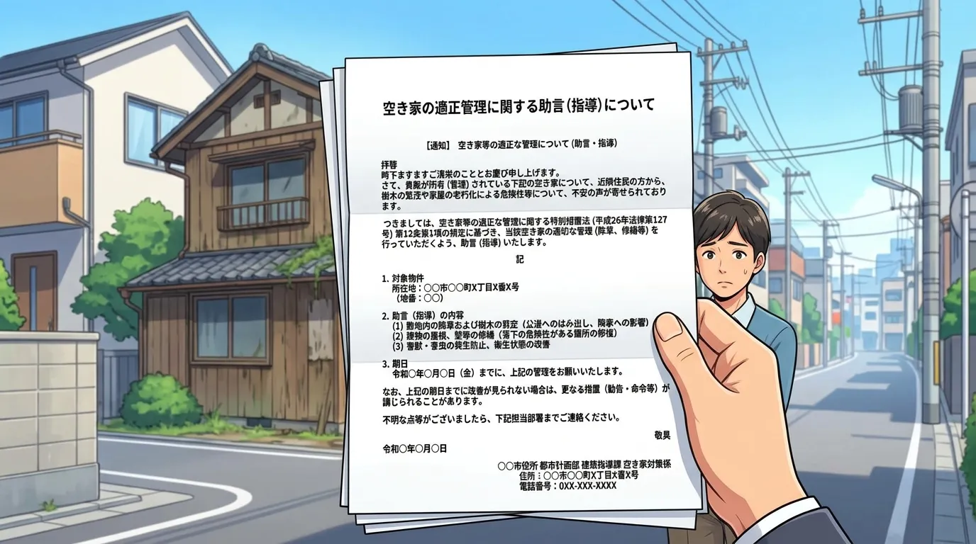 自治体から送付される「空き家の適正管理に関する助言（指導）について」といったタイトルの通知書のサンプル画像。どのような文書が届くのかを読者がイメージしやすくなる。]