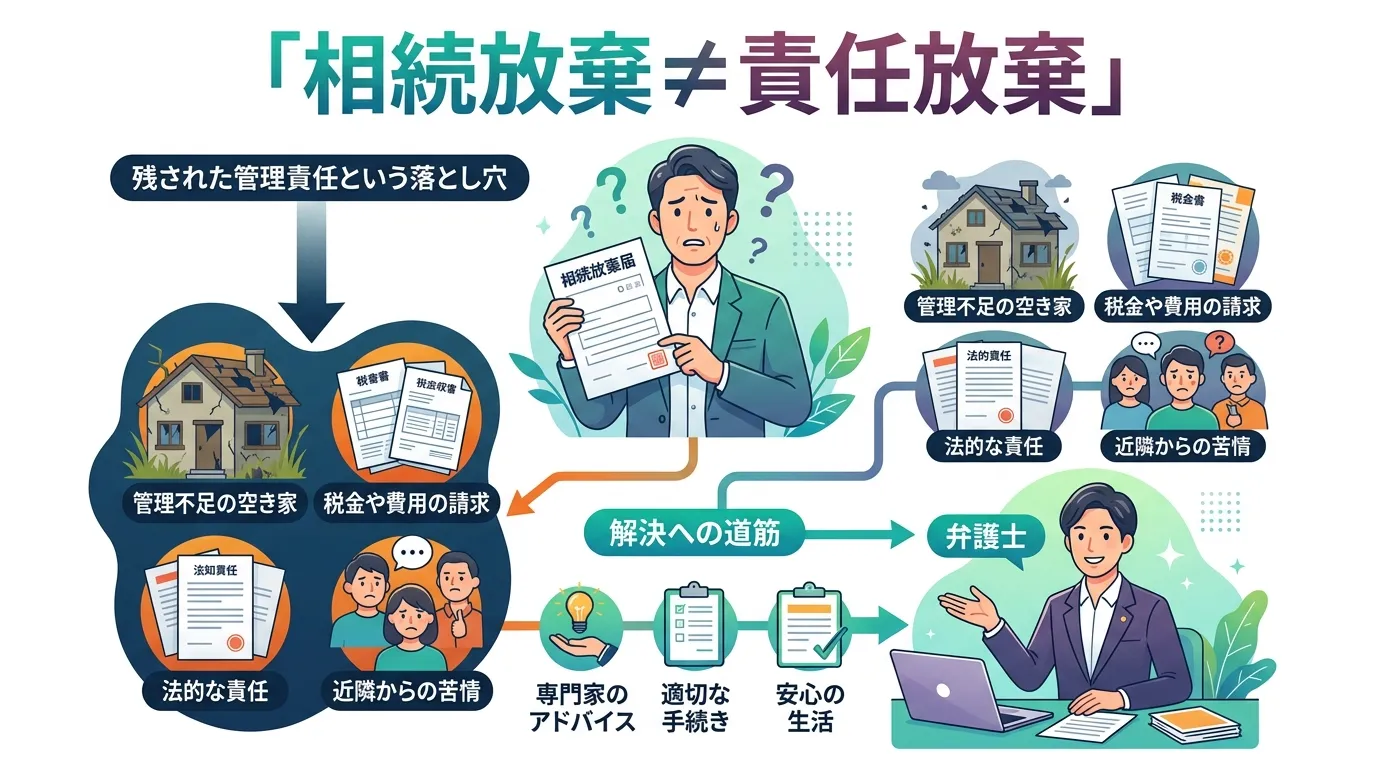 日本人と現代日本の風景, 「相続放棄した空き家の落とし穴」をテーマにしたインフォグラフィック。フラットデザインのデジタルイラスト。中央に「相続放棄」の書類を持ち困惑する人物。そこから矢印が伸び、崩れか