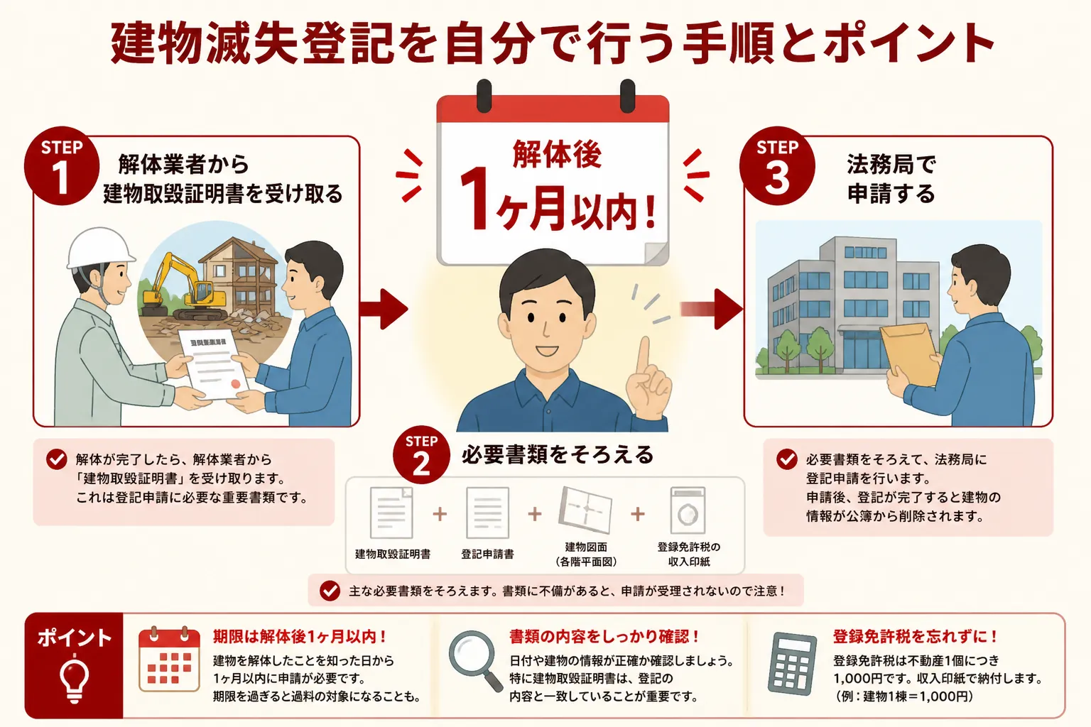 日本の木造住宅・空き家の解体現場を写実的に描いたビジュアル。重機・養生シート・整地後の更地など。基調色は #9a0300。実在する企業のロゴ・看板・車体・人物の顔は描かない。画像内に文字を入れない（図