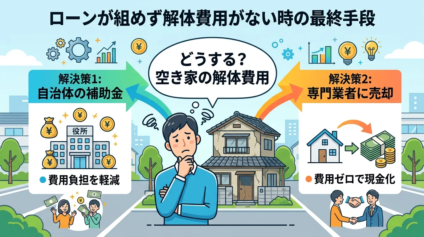 日本人と現代日本の風景, 「ローンが組めず解体費用がない時の最終手段」をテーマにしたインフォグラフィック。中央に困った表情の人物と家のイラストを配置し、「どうする？空き家の解体費用」と記載。そこから左