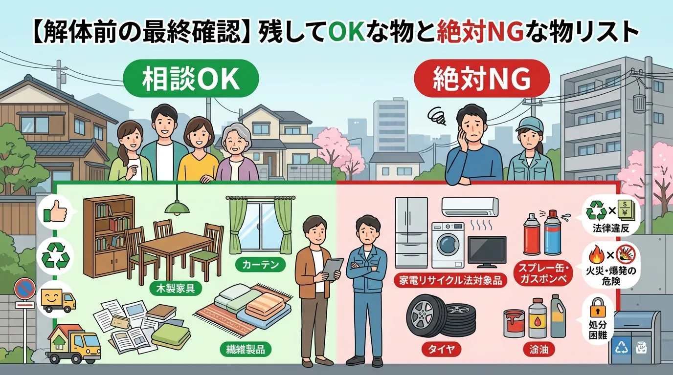 日本人と現代日本の風景, 家の解体前の残置物を解説するインフォグラフィック。タイトルは「【解体前の最終確認】残してOKな物と絶対NGな物リスト」。画面を二分割し、左側は緑色で「相談OK」として木製家具