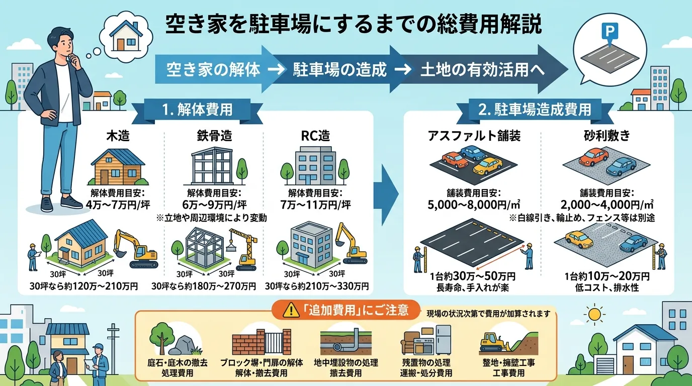 日本人と現代日本の風景, 空き家を駐車場にするまでの総費用を解説するインフォグラフィック。フラットデザインの明るいデジタルイラストで作成。左側に「解体費用」として木造・鉄骨造・RC造の家のアイコンと費