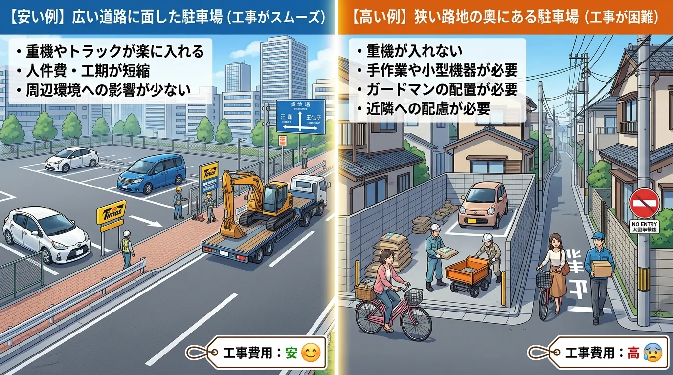 重機がスムーズに入れる広い道路に面した駐車場（費用が安くなる例）と、狭い路地の奥にあり重機が入れない駐車場（費用が高くなる例）を比較したもの]