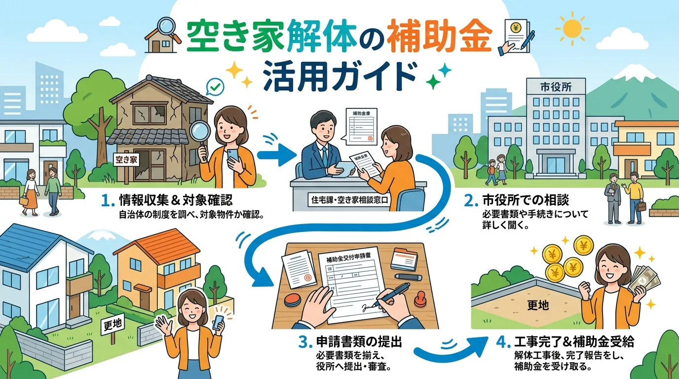 日本人と現代日本の風景, 「空き家解体の補助金 活用ガイド」というタイトルのインフォグラフィック。親しみやすいフラットデザインのデジタルイラストで、4つのステップを矢印で繋いだフロー図。1.虫眼鏡で古