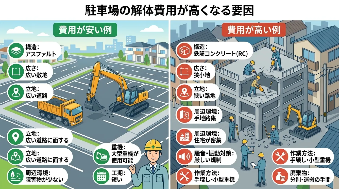 日本人と現代日本の風景, 「駐車場の解体費用が高くなる要因」をテーマにしたインフォグラフィック。左右比較の構成で、左に「費用が安い例」、右に「費用が高い例」を配置。左側には広い道路とアスファルト駐車場