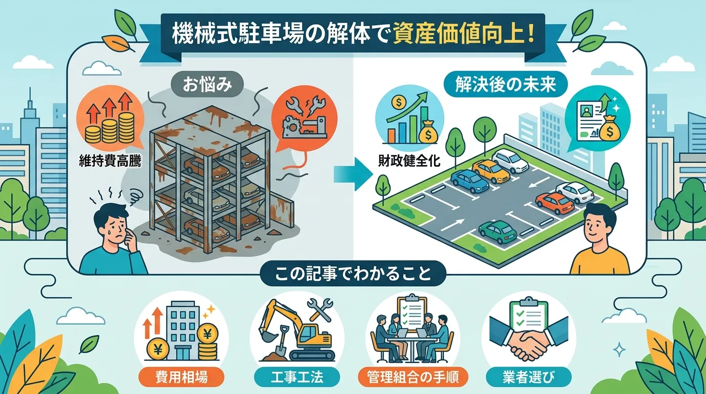 日本人と現代日本の風景, 「機械式駐車場の解体・撤去」をテーマにしたインフォグラフィック。中央に見出し「機械式駐車場の解体で資産価値向上！」。左に「お悩み」として錆びた駐車場と「維持費高騰」のアイコン