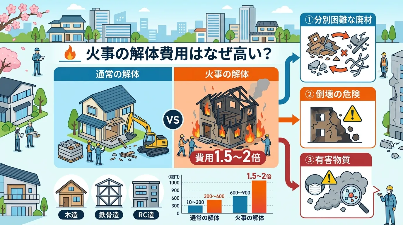 日本人と現代日本の風景, 火事の解体費用をテーマにしたインフォグラフィック。中央に「火事の解体費用はなぜ高い？」とタイトルを配置。左に「通常の解体」、右に「火事の解体」を比較図で示し、右側には「費用1