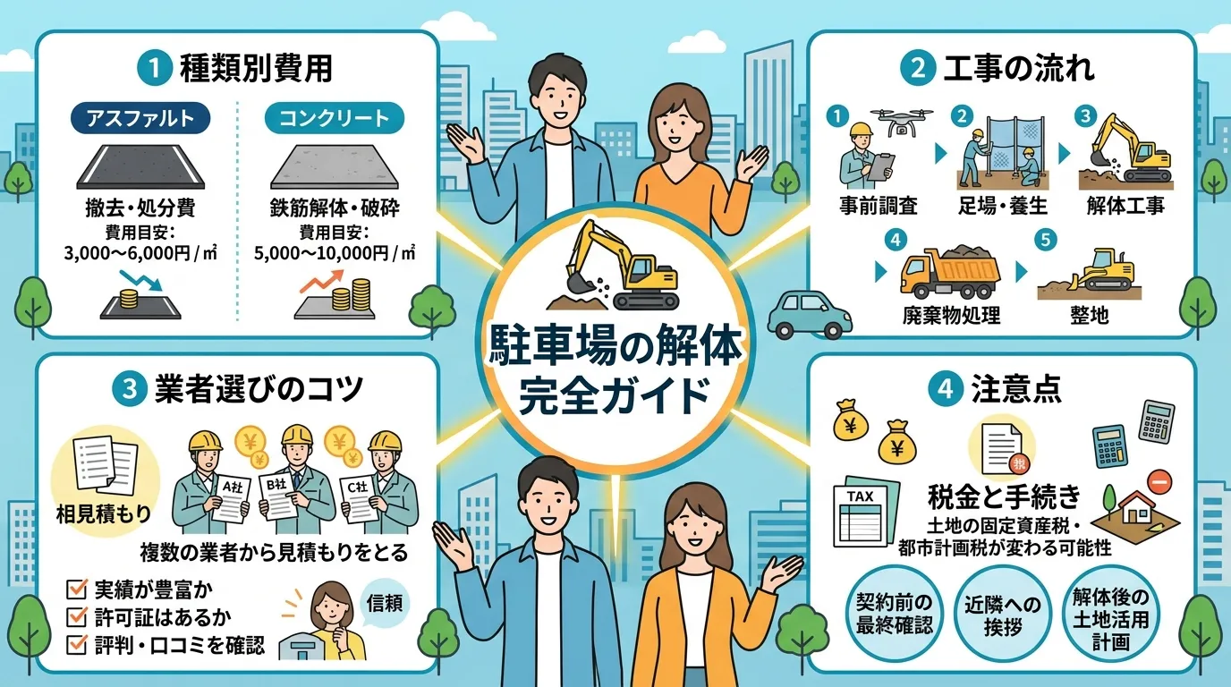 日本人と現代日本の風景, インフォグラフィック。中央に「駐車場の解体 完全ガイド」のタイトルとショベルカーのアイコン。そこから放射状に4つの要素を展開。①「種類別費用」：アスファルトとコンクリートの比