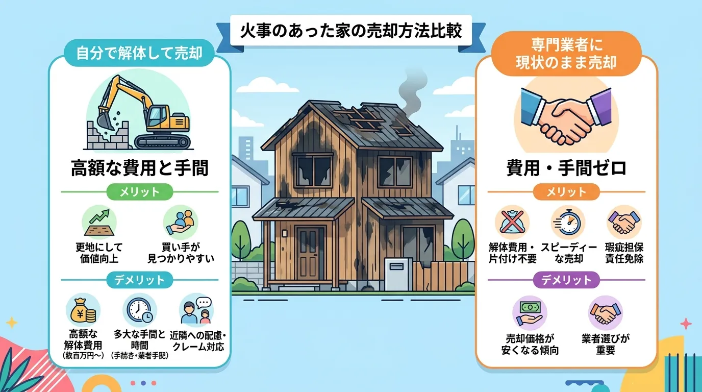 日本人と現代日本の風景, 「火事のあった家の売却方法」を比較するインフォグラフィック。中央に火事で焼けた家のイラストを置き、左右に選択肢を配置。左は「自分で解体して売却」で、重機のアイコンと「高額な費