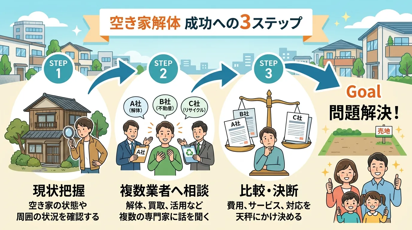 日本人と現代日本の風景, 空き家問題の解決策を示すインフォグラフィック。上部に「空き家解体 成功への3ステップ」というタイトル。ステップ1：虫眼鏡で家を見る人物と「現状把握」。ステップ2：3社の専門業