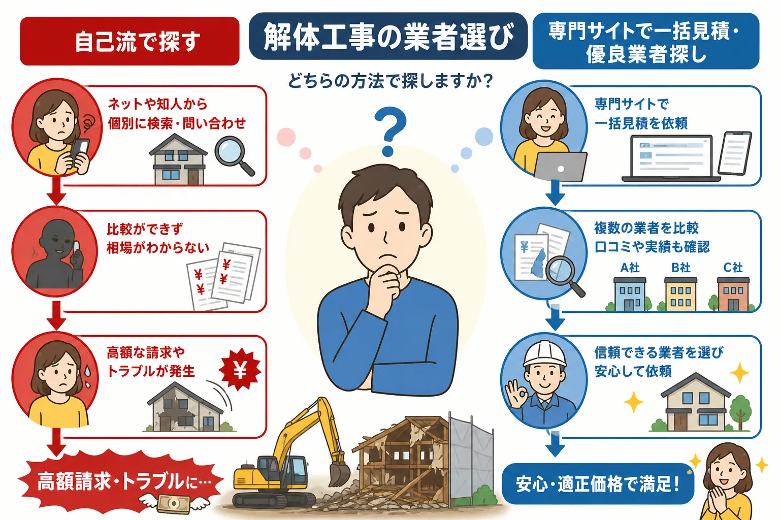 日本の木造住宅・空き家の解体現場を写実的に描いたビジュアル。重機・養生シート・整地後の更地など。基調色は #9a0300。実在する企業のロゴ・看板・車体・人物の顔は描かない。画像内に文字を入れない（図