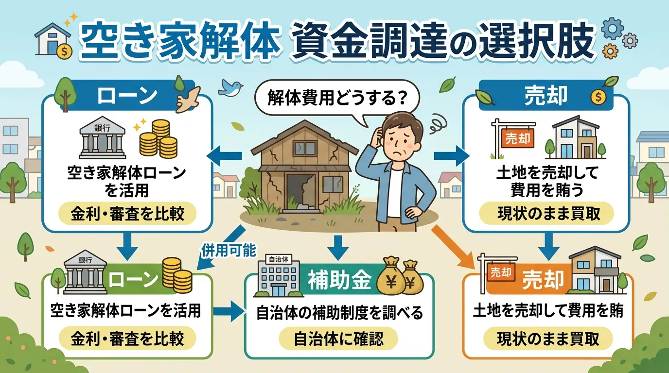 日本人と現代日本の風景, 「空き家解体 資金調達の選択肢」というタイトルのインフォグラフィック。「解体費用どうする？」と悩む人物を中心に、「ローン」「補助金」「売却」の3つへ分岐するフローチャート図。