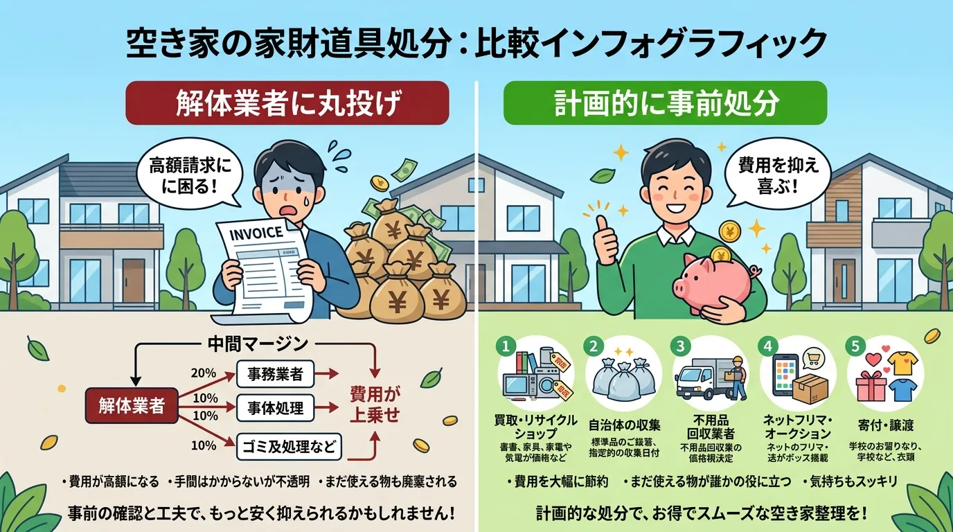 日本人と現代日本の風景, 「空き家の家財道具処分」をテーマにした比較インフォグラフィック。画面を左右に分割し、左に「解体業者に丸投げ」で高額請求に困る人、右に「計画的に事前処分」で費用を抑え喜ぶ人を描