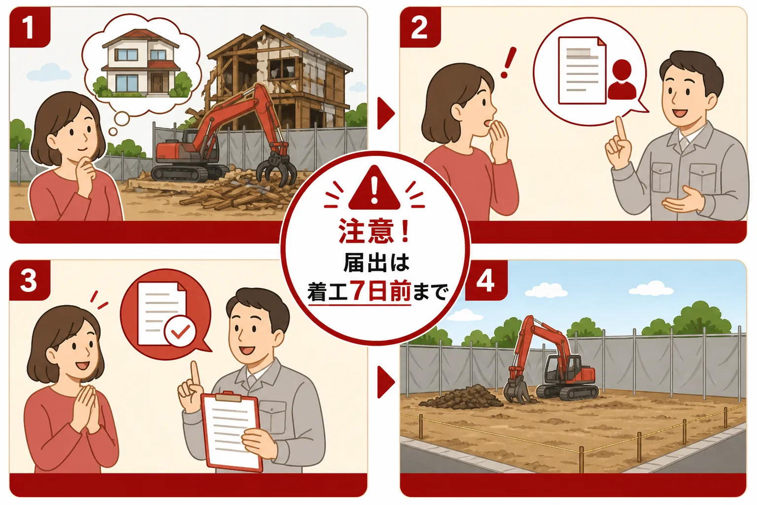 日本の木造住宅・空き家の解体現場を写実的に描いたビジュアル。重機・養生シート・整地後の更地など。基調色は #9a0300。実在する企業のロゴ・看板・車体・人物の顔は描かない。画像内に文字を入れない(図