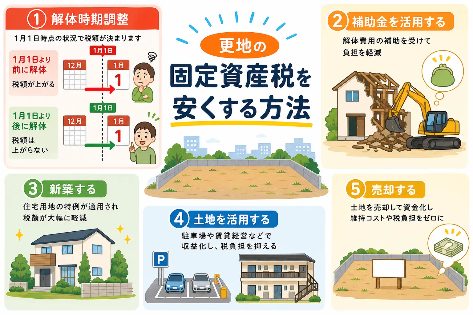 日本の木造住宅・空き家の解体現場を写実的に描いたビジュアル。重機・養生シート・整地後の更地など。基調色は #9a0300。実在する企業のロゴ・看板・車体・人物の顔は描かない。画像内に文字を入れない（図